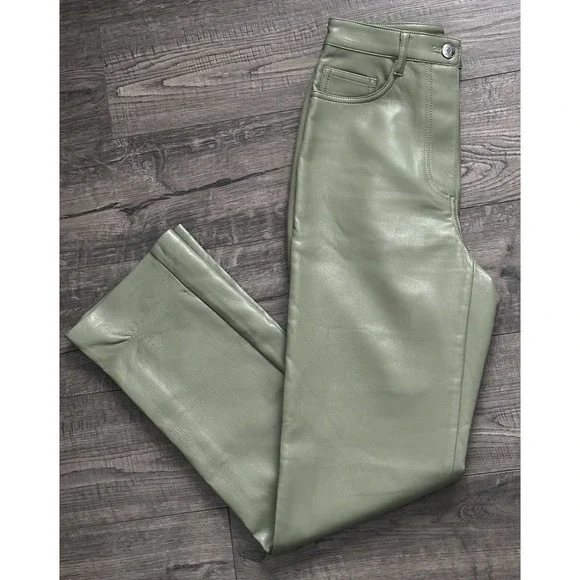 Wilfred Aritzia Melina Pants Size 2 Green Vegan Leather High Rise Straight Leg - Picture 2 of 9